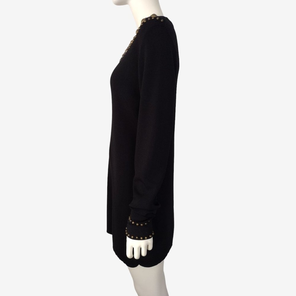 Grace Black Boat Neck Long Sleeved Beaded Fitted Stretch Knit Mini Dress - Picture 5 of 11
